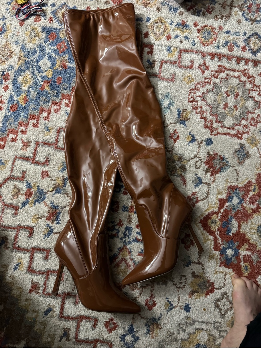 Brown Patent Over-the-Knee Stiletto Boots - Women's